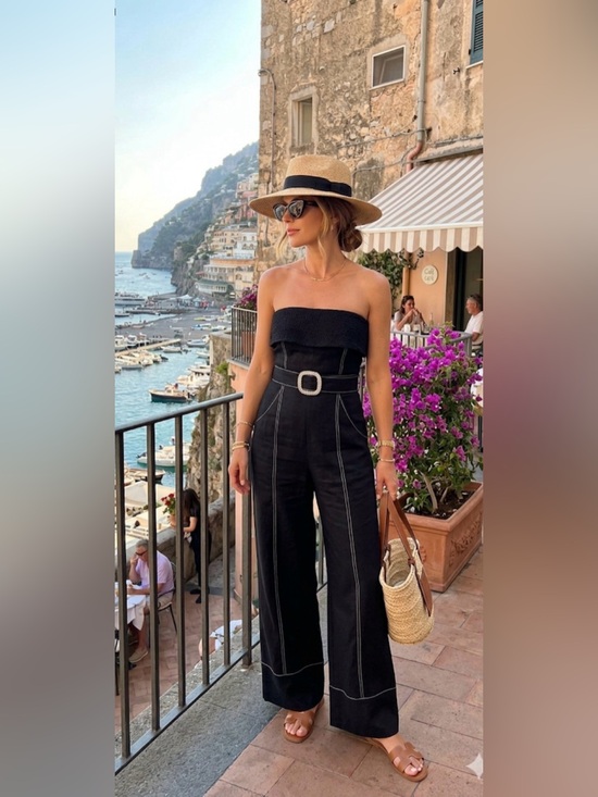 Zara Pants - ZARA Black Strapless Linen Blend Belted Jumpsuit size medium